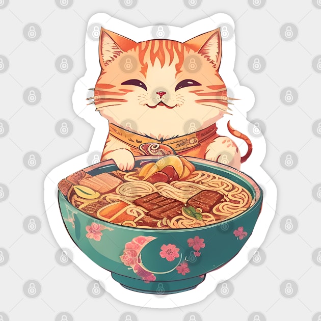 Smiling Kawaii Vintage Style Japanese Ramen Cat Sticker by jiromie